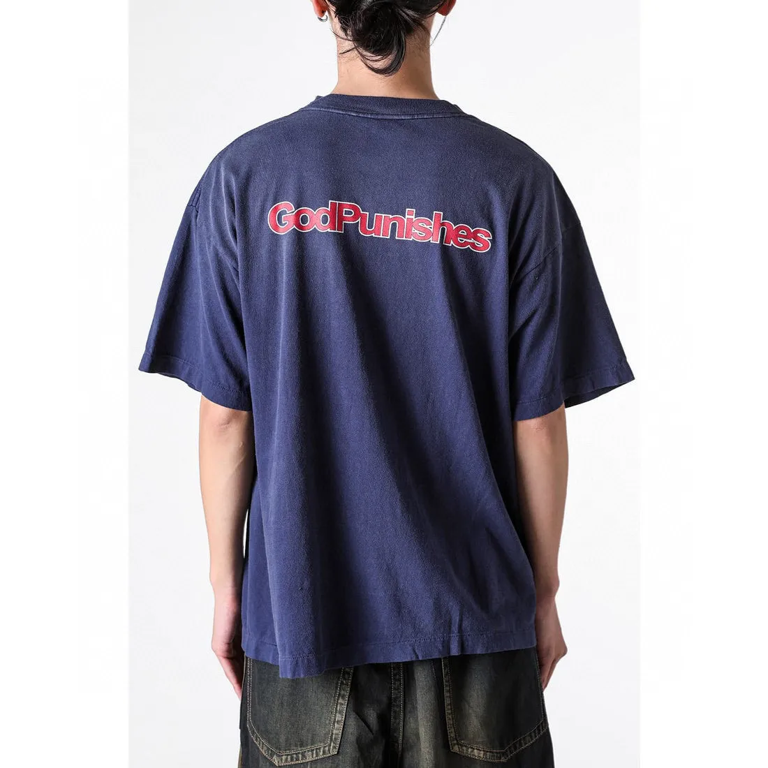 SAINT Mxxxxxx DEAD SAINT SS TEE/NAVY DEAD SAINT printed short sleeves God's Punishment TEE Washed blue S-XL Genuine consistent tube weaving without side seams High weight OE yarn fabric Assute dyeing Multiple horse fades Heavy wash water Worn holes Original consistent main mark/wash mark/little angel anti-counterfeiting mark